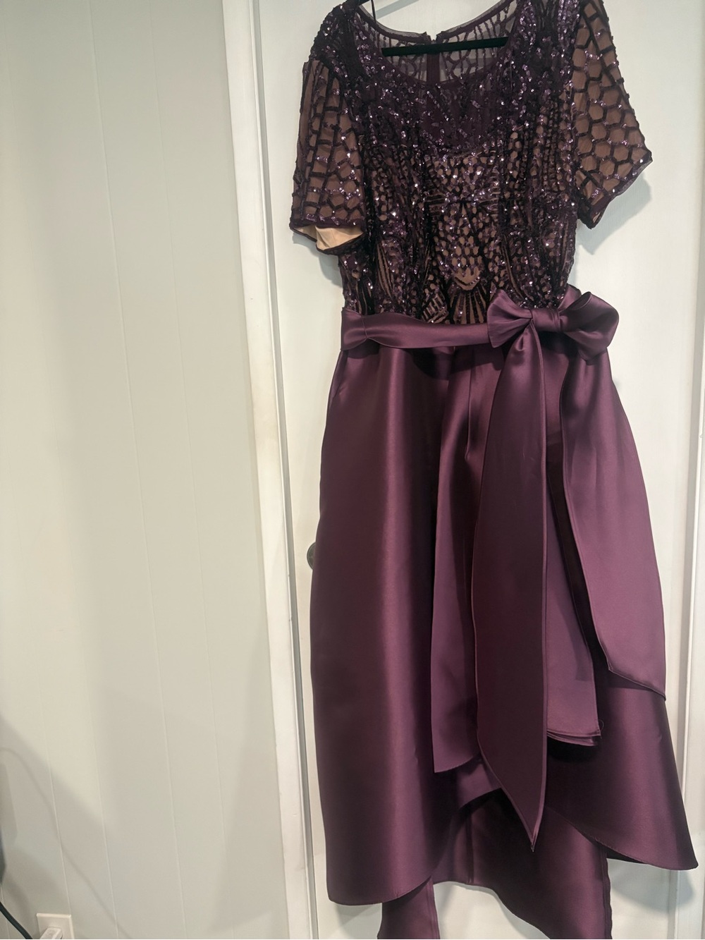 R&M Richards Plum Satin High-Low Skirt with Bow